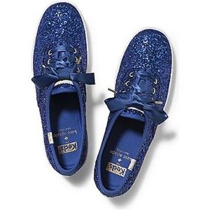 NIB Keds x Kate Spade New York Glitter Dipped Satin Lace Sneakers, Navy 5 1/2